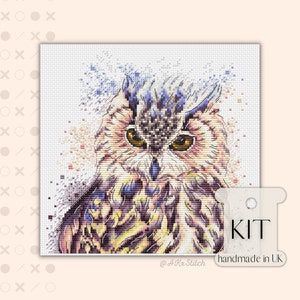 Owl Cross Stitch KIT PDF Chart, Realistic Watercolour Style Embroidery Pattern Bird of Prey, Large Nature Animal Needlepoint Set