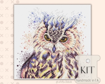 Tableau PDF du KIT de point de croix hibou, motif de broderie réaliste de Style aquarelle, oiseau de proie, ensemble de broderie grand animal nature
