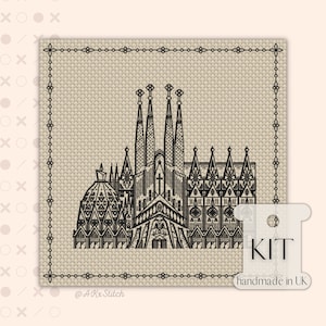 Rund um die Welt "Barcelona" Kreuzstich Kit PDF Chart, Blackwork Stickmuster von berühmten spanischen Wahrzeichen, erweiterte Handarbeiten für Erwachsene