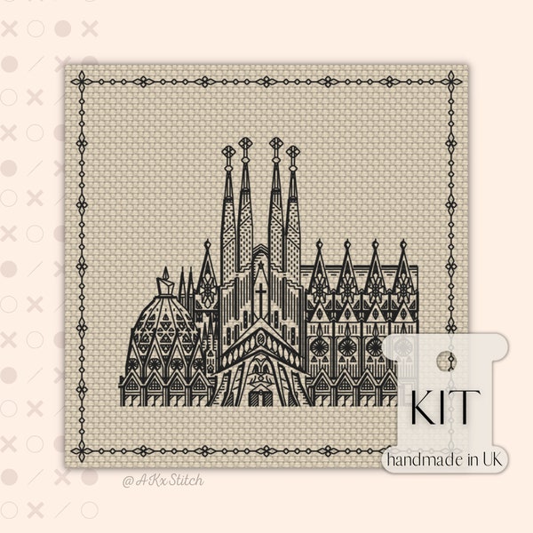 Around the World "Barcelona" Cross Stitch Kit PDF Chart, Blackwork Embroidery Pattern of Famous Spanish Landmark, Advanced Needlework Adult