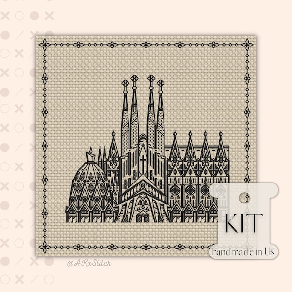 Kit de punto de cruz "Barcelona" (La vuelta al mundo) en PDF, patrón de bordado Blackwork de un famoso monumento español, costura avanzada para adultos.