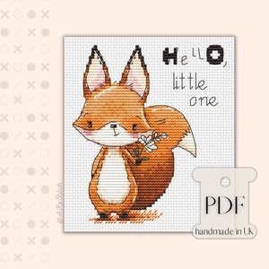Volpe Hello Little One, punto croce PDF con download digitale istantaneo, grafico, modello di ricamo in formato biglietto con annuncio di nascita del bambino carino, ragazzo moderno