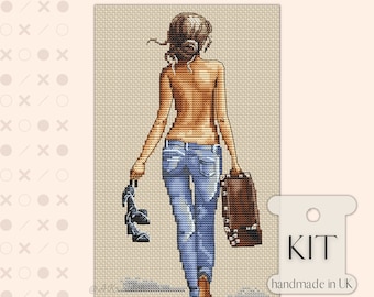 Woman Cross Stitch Kit / Modern Follow Me Style Embroidery Pattern, Girl in Sky Blue Jeans with Holiday Suitcase Gift for Friend Girlfriend