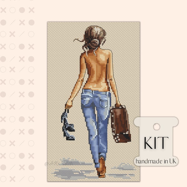 Woman Cross Stitch Kit / Modern Follow Me Style Embroidery Pattern, Girl in Sky Blue Jeans with Holiday Suitcase Gift for Friend Girlfriend