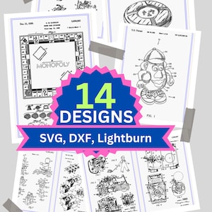 May include: A collection of 14 black and white patent drawings for various products, including a game board, a toy, and a vehicle. The drawings are on white paper with black lines and text. The text includes the words "MONOPOLY" and "FIG. I".