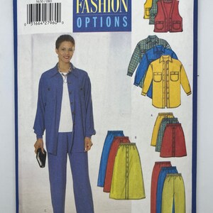 May include: A blue and white Butterick sewing pattern envelope. The envelope features a woman in a blue suit, and illustrations of various clothing options, including shirts, skirts, and vests. Text on the envelope reads "Unlimited Fashion Options."