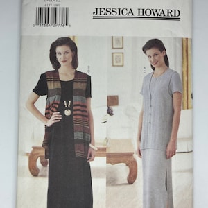 May include: Butterick sewing pattern featuring designs by Jessica Howard. The pattern includes options for a dress and a top with a vest. The size range is 8-10-12. The cover shows illustrations of the finished garments.