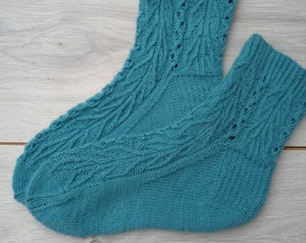 Handmade knitted socks blue botanists