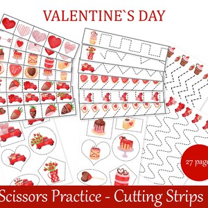 Valentines Scissors Cutting Practice, Cutting strips for fine motor skills, Montessori printables