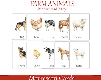 Farm animals Mother and baby Flash Cards. Montessori three part cards. Nomenclature cards. Printable Educational Materials