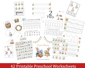Easter Bunnies Preschool Learning Pack, worksheets, montessori materials, math and literacy, flashcards, games for homeschool