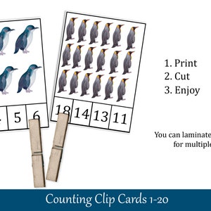 Penguins Count and Clip Cards, Montessori Counting Numbers 1 - 20 ...
