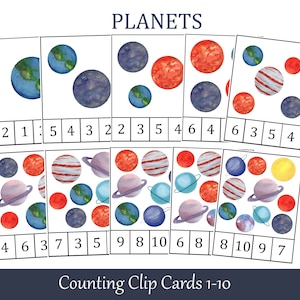 Planets Montessori Count and Clip Cards, Number 1 - 10, Flashcards ...