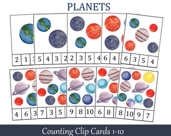 Planets Montessori Count and Clip Cards, Number 1 - 10, Flashcards, Preschool Printables