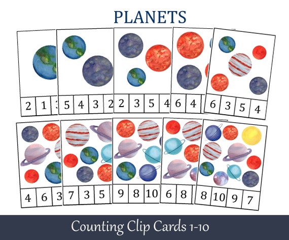 Planets Montessori Count and Clip Cards, Number 1 - 10, Flashcards, Preschool Printables