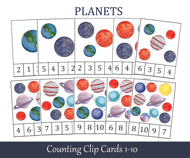 May include: Educational counting clip cards featuring watercolor illustrations of planets. The cards display various planets with numbers from 1 to 10, designed for early learning. The title "PLANETS" is at the top, and "Counting Clip Cards 1-10" is at the bottom.