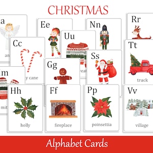 Cartões do alfabeto de Natal, cartões pré-escolares ABC, materiais educacionais para impressão