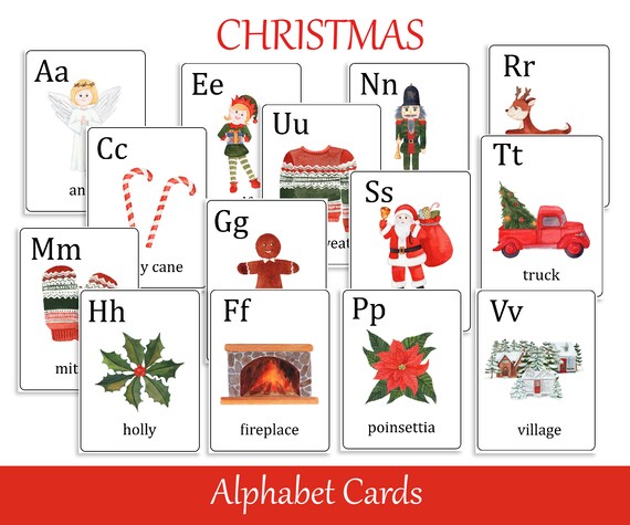 Christmas Alphabet Cards, ABC Preschool Flash Cards, Printable