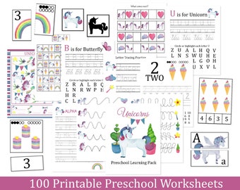 Unicorn Preschool Learning Pack, worksheets, montessori materials, math and literacy, flashcards, games for homeschool