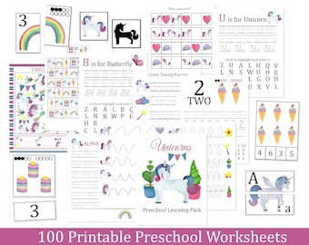 Unicorn Preschool Learning Pack, worksheets, montessori materials, math and literacy, flashcards, games for homeschool