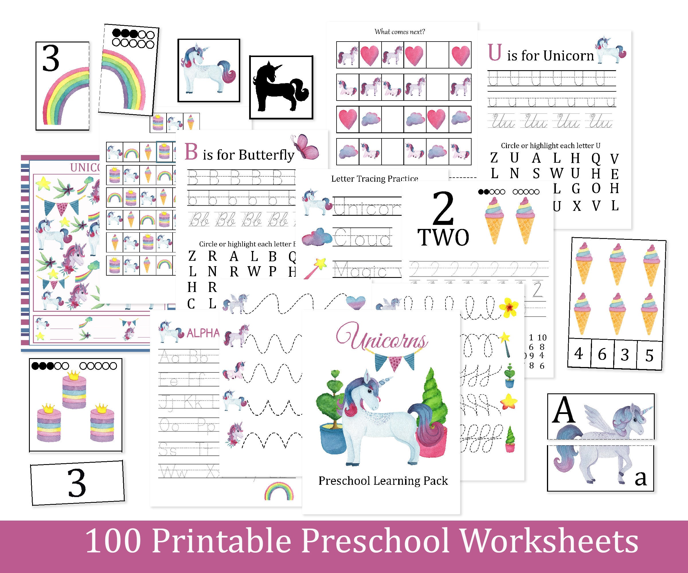 unicorn preschool learning pack worksheets montessori etsy