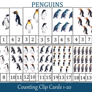 Pinguïns tellen en clipkaarten, Montessori tellen van getallen 1 - 20, Flashcards, harten, preschool printables