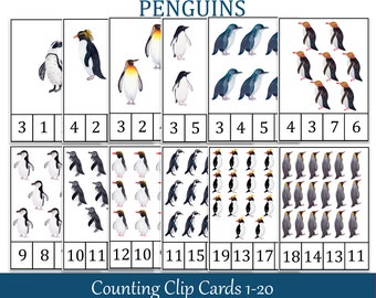 Penguins Count and Clip Cards, Montessori counting Numbers 1 - 20, Flashcards, Hearts, Preschool Printables
