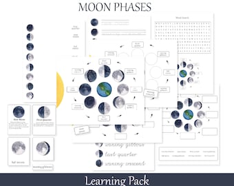 Moon Phases Worksheets, Homeschool learning pack Lunar Cycle, nomenclature cards, handwriting practice