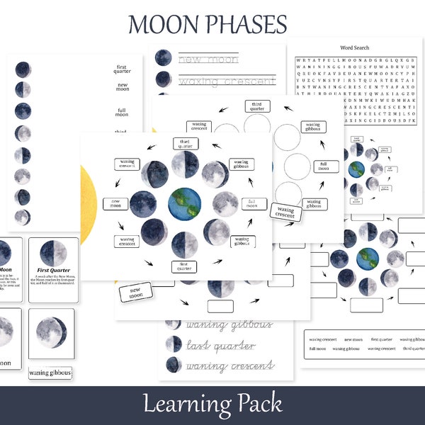 Moon Phases Worksheets, Homeschool learning pack Lunar Cycle, nomenclature cards, handwriting practice