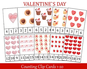 Tarjetas de clip y conteo del día de San Valentín, Número 1 - 20, Tarjetas didácticas, Corazones, Imprimibles preescolares, Conteo Montessori