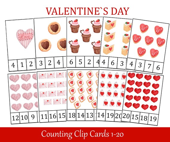 Valentines Day Count and Clip Cards, Number 1 - 20, Flashcards, Hearts, Preschool Printables, Montessori counting