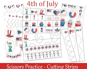 4th of July Scissors Cutting Practice, Cutting strips for fine motor skills, Montessori printables, Independence Day