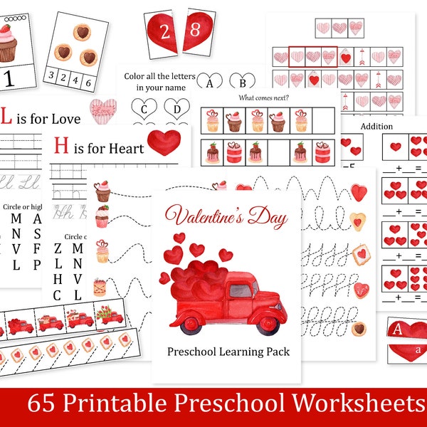 Valentine Preschool Learning Pack, worksheets, montessori materials, math and literacy