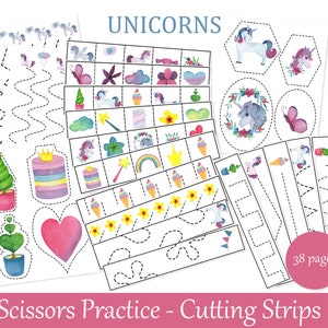Unicorn Cutting Practice, Cutting strips for fine motor skills, Montessori printables
