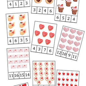 May include: Valentine's Day counting clip cards 1-20. The cards feature watercolor illustrations of hearts, cupcakes, cookies, and envelopes. Each card has a different number of objects and a corresponding number at the bottom.
