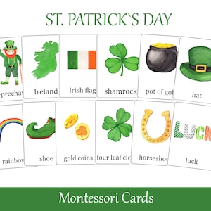 Cartes Montessori en trois parties de la Saint-Patrick. Cartes de nomenclature de l'Irlande. Cartes flash de vocabulaire