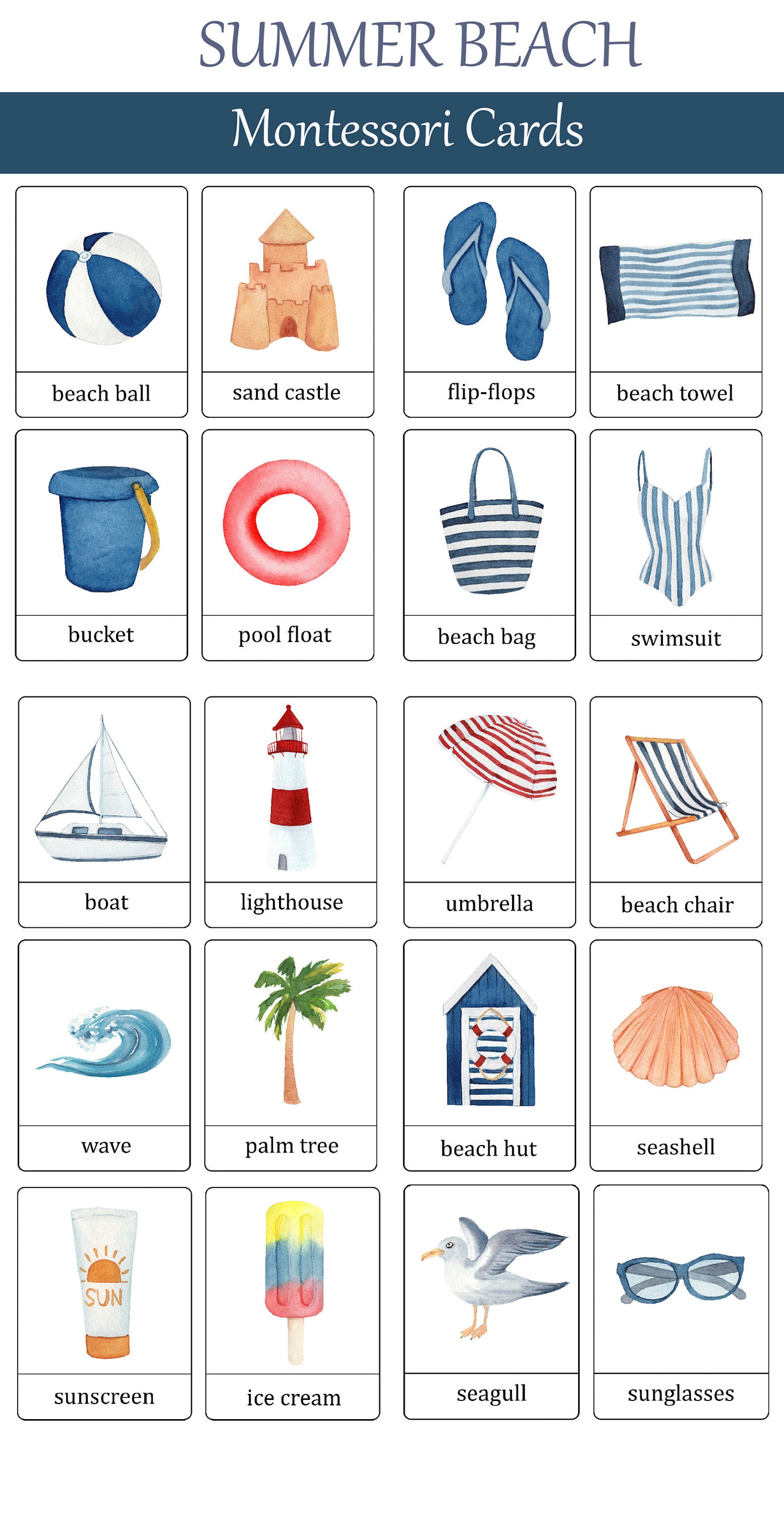 Summer Beach Flash Cards. Montessori 3 Part Cards. Nomenclature Cards