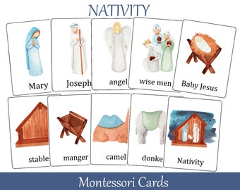 Nativity Christmas flash cards, Montessori three part cards, nomenclature cards