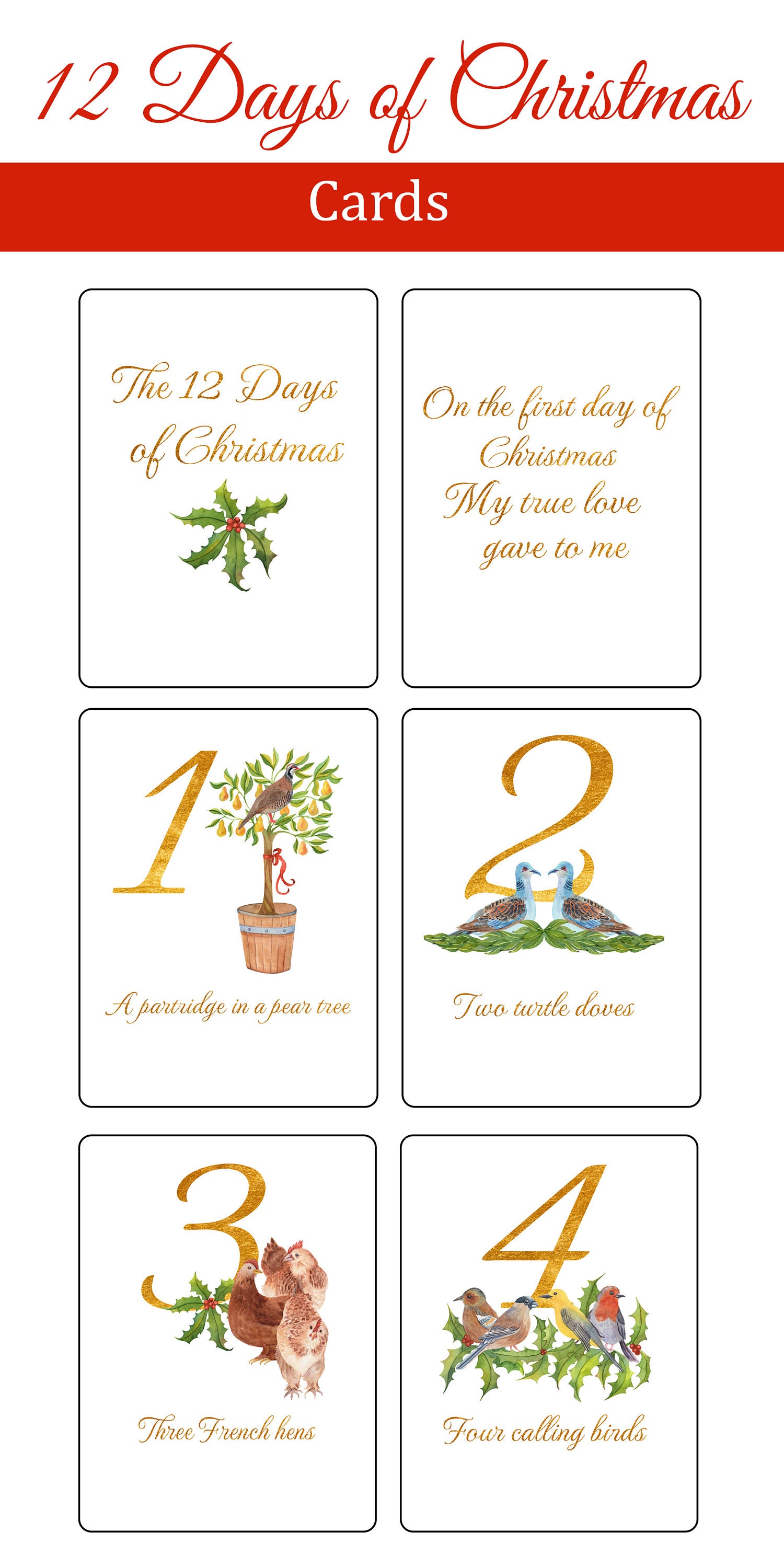 12 days of christmas printable cards, nomenclature cards