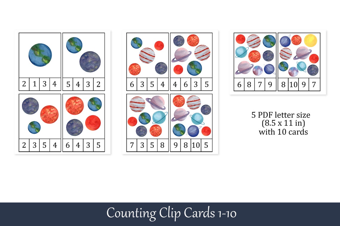 Planets Montessori Count and Clip Cards, Number 1 - 10, Flashcards ...