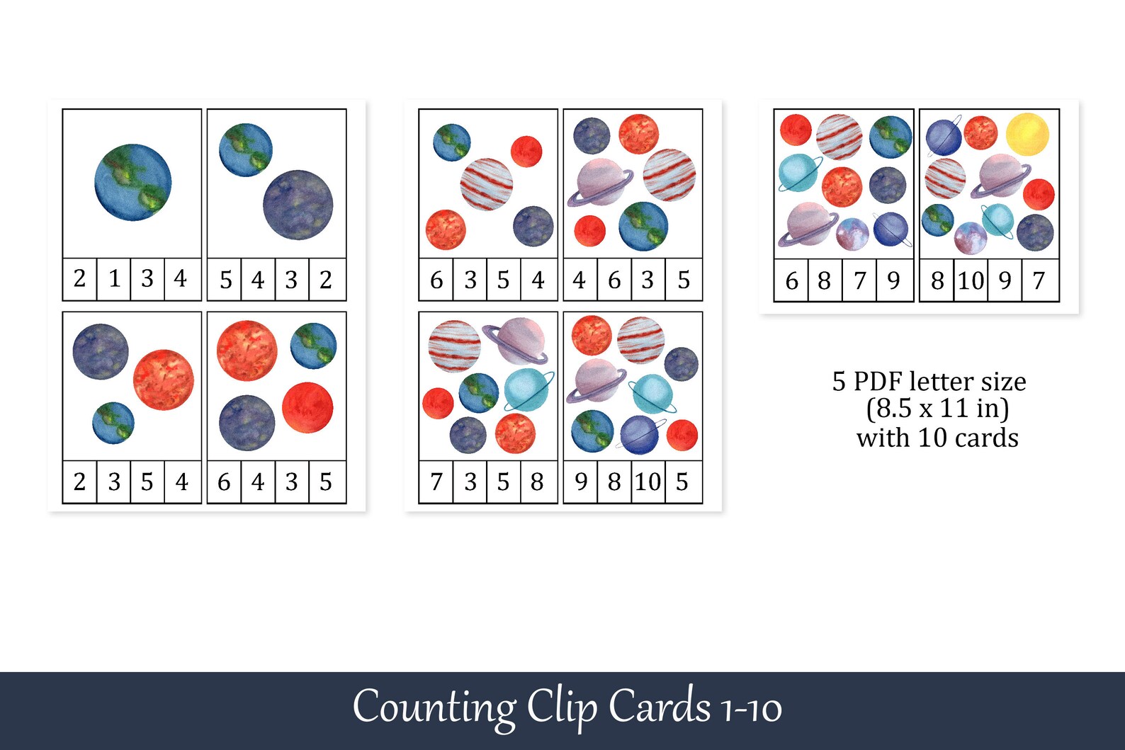 Planets Montessori Count and Clip Cards, Number 1 - 10, Flashcards ...