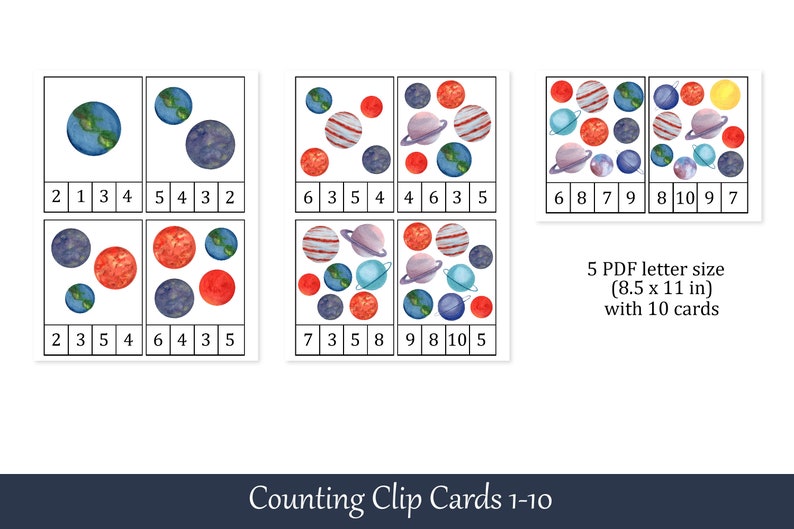 Number 1-10 Flashcards Planets Montessori Count and Clip Cards Preschool Printables