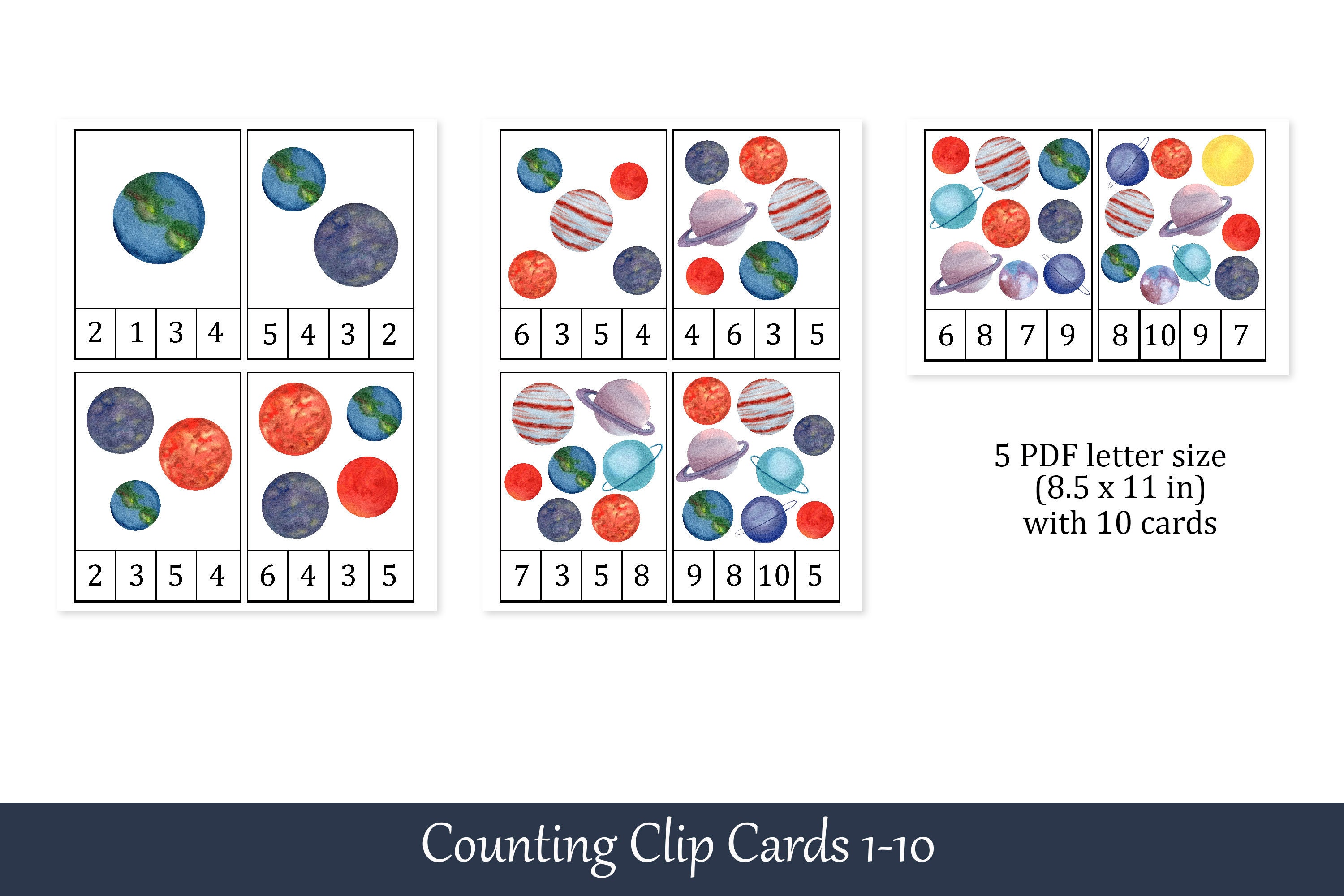 Planets Montessori Count and Clip Cards, Number 1 - 10, Flashcards ...