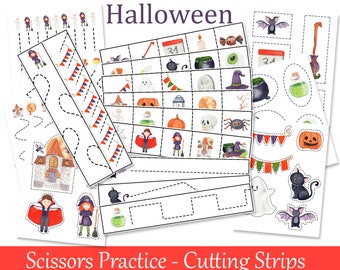 Halloween Scissors Cutting Practice, Cutting strips for fine motor skills, Montessori printables