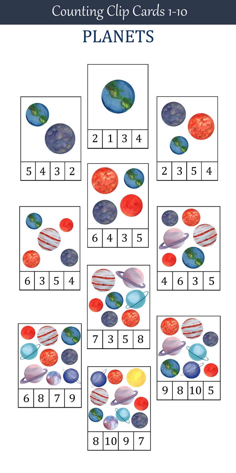 Number 1-10 Flashcards Planets Montessori Count and Clip Cards Preschool Printables