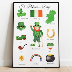 Cartel Montessori del Día de San Patricio, Cartel educativo, duende, trébol, Irlanda