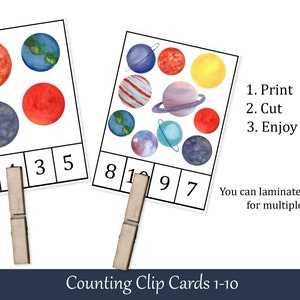 Planets Montessori Count and Clip Cards, Number 1 - 10, Flashcards ...