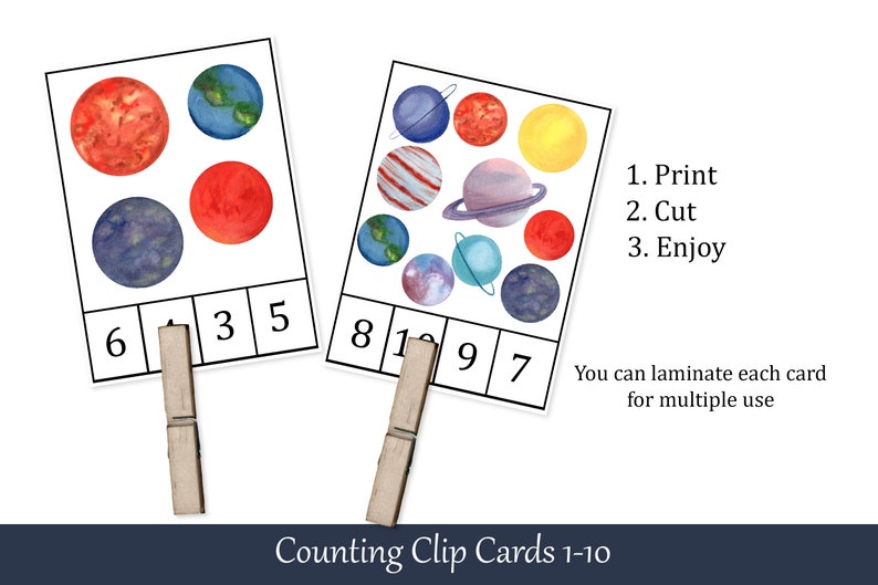 Number 1-10 Flashcards Planets Montessori Count and Clip Cards Preschool Printables