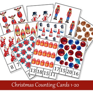 Conteggio natalizio e cartoline con clip. Attività sui numeri stampabili. Gioco di Natale