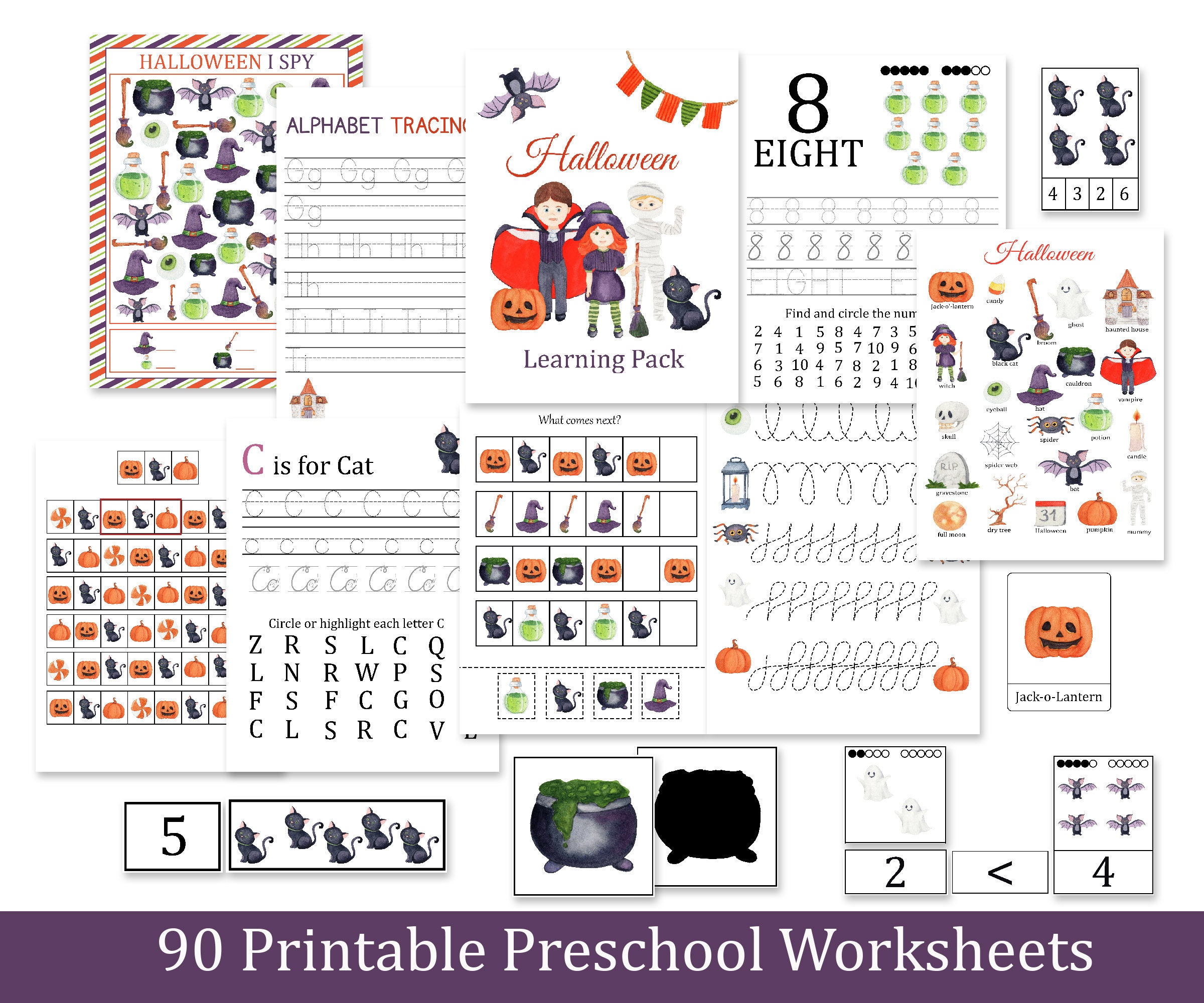 Halloween Printable Busy Book, Halloween Learning Pack, kids activity worksheets, montessori materials, math and literacy, flashcards, games